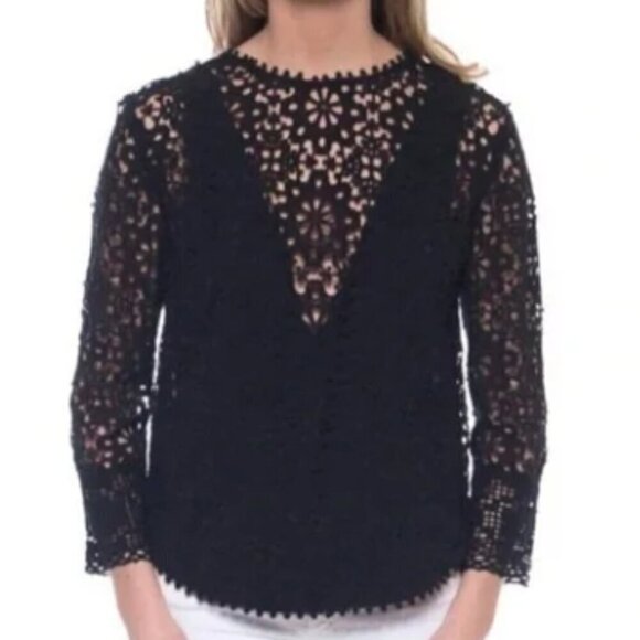 Sea New York Roseanna Black Lace Crochet Cotton Top with Long Sleeves, Size 4 - Picture 1 of 14
